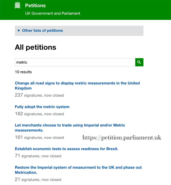 UK petitions on metrication matters